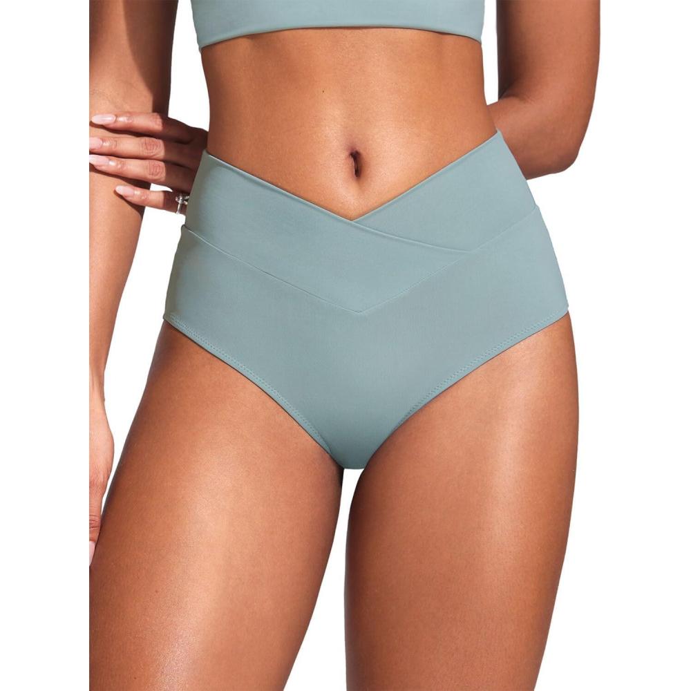 imageCRZ YOGA High Waisted V Cut Bikini Bottom for Women Cross Front Bathing Swimsuit Full Coverage Swim BriefsLight Grayish Blue