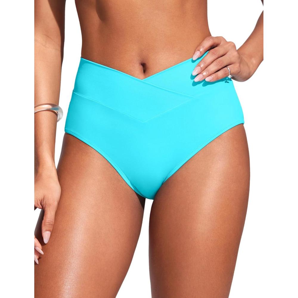 imageCRZ YOGA High Waisted V Cut Bikini Bottom for Women Cross Front Bathing Swimsuit Full Coverage Swim BriefsTurquoise
