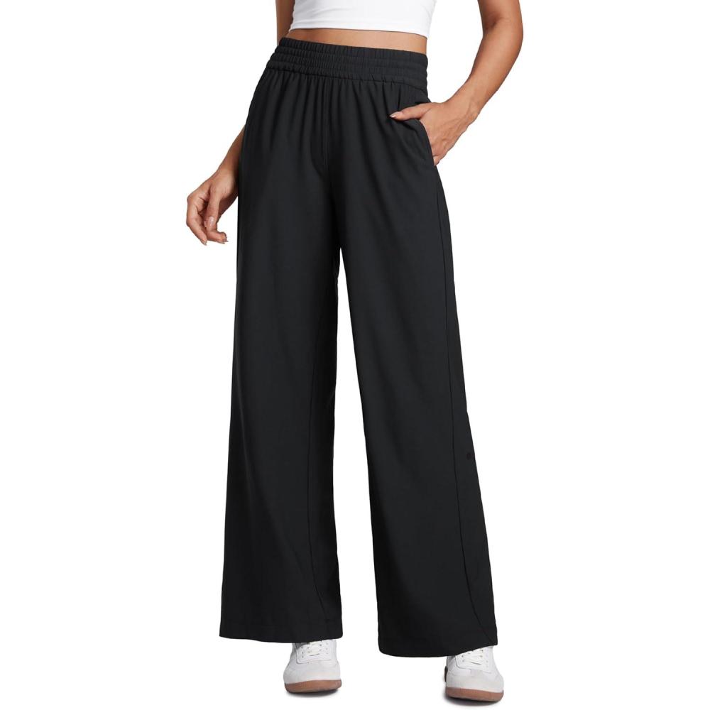 imageCRZ YOGA Lightweight Drapey Wide Leg Casual Pants for Women 30quot Flowy Travel Work Loose Fit SummerBlack