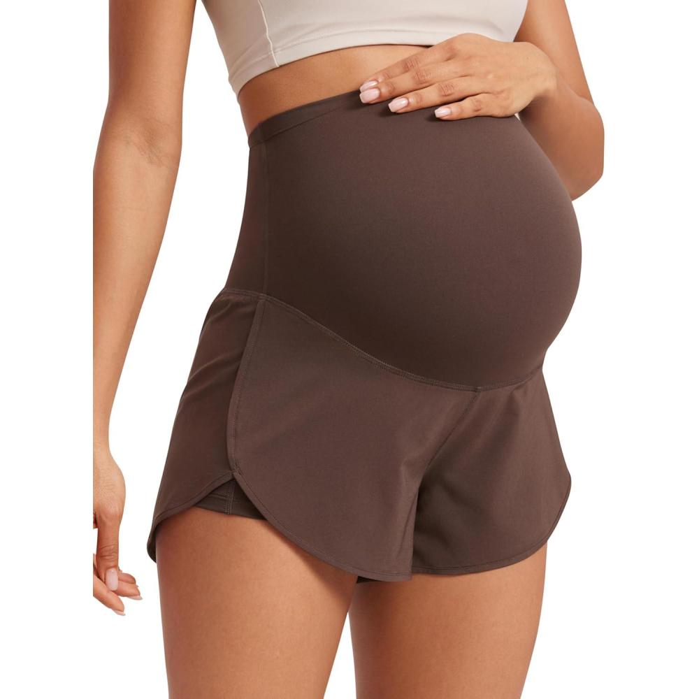 imageCRZ YOGA Lightweight Maternity Dolphin Workout Shorts 3 Soft Athletic Running Casual Womens Pregnancy with Liner PocketsHot Fudge Brown
