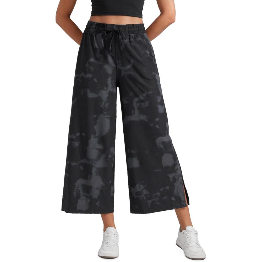 imageCRZ YOGA Lightweight Wide Leg Cropped Pants for Women 25quot  Casual Travel Work Sweatpants SummerBlack Tie Dye Flowers