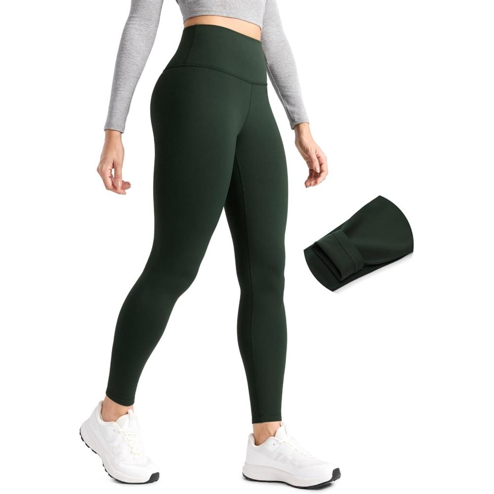 imageCRZ YOGA Matte Fleece Lined Leggings 28 Thermal Casual Lounge Workout Womens Yoga Full Length Pants Winter WarmLegend Green