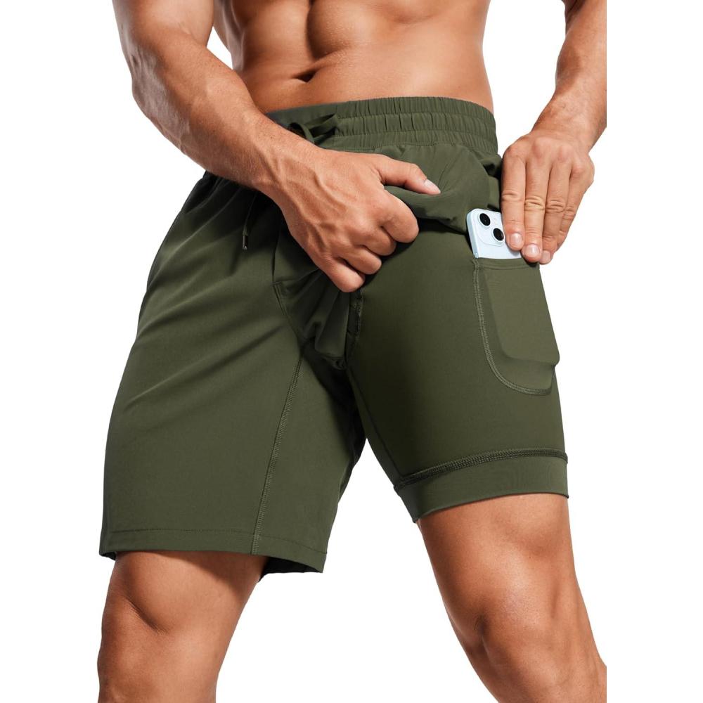 imageCRZ YOGA Mens 2 in 1 Running Shorts 7quot  Lined Workout Quick Dry Lightweight for Sports Athletic with PocketsDark Olive