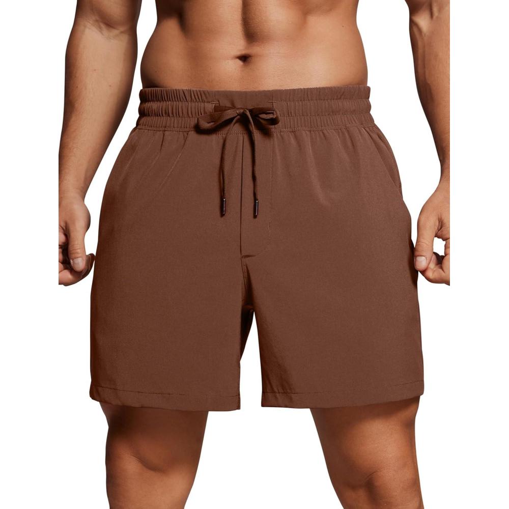 imageCRZ YOGA Mens Linerless Workout Shorts 5 Lightweight Quick Dry for Running Sports Athletic Gym with PocketsCoffee Brown