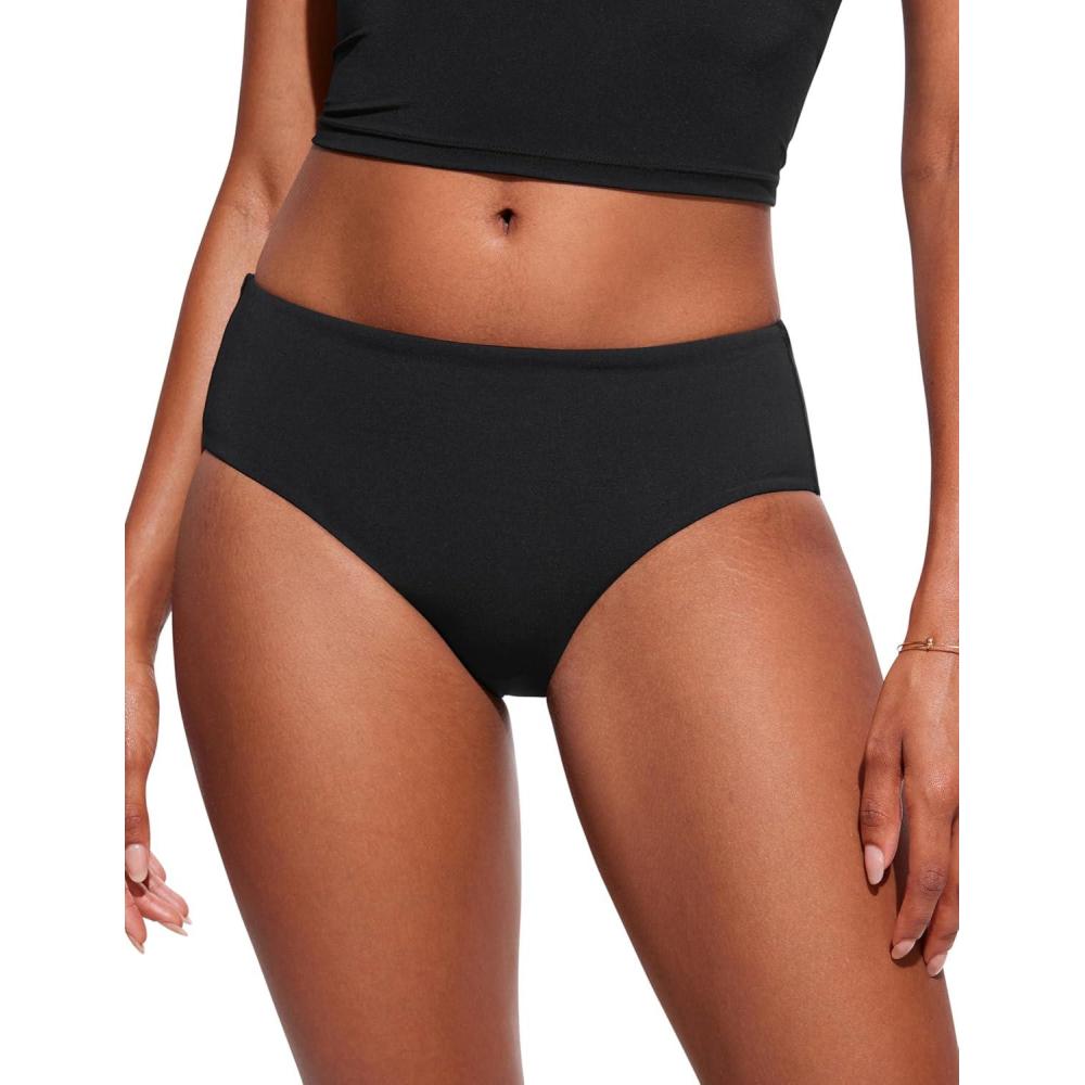 imageCRZ YOGA Mid Waisted Bikini Bottoms for Women Full Coverage Bathing Suit Swimsuit Basic Swim BriefsBlack
