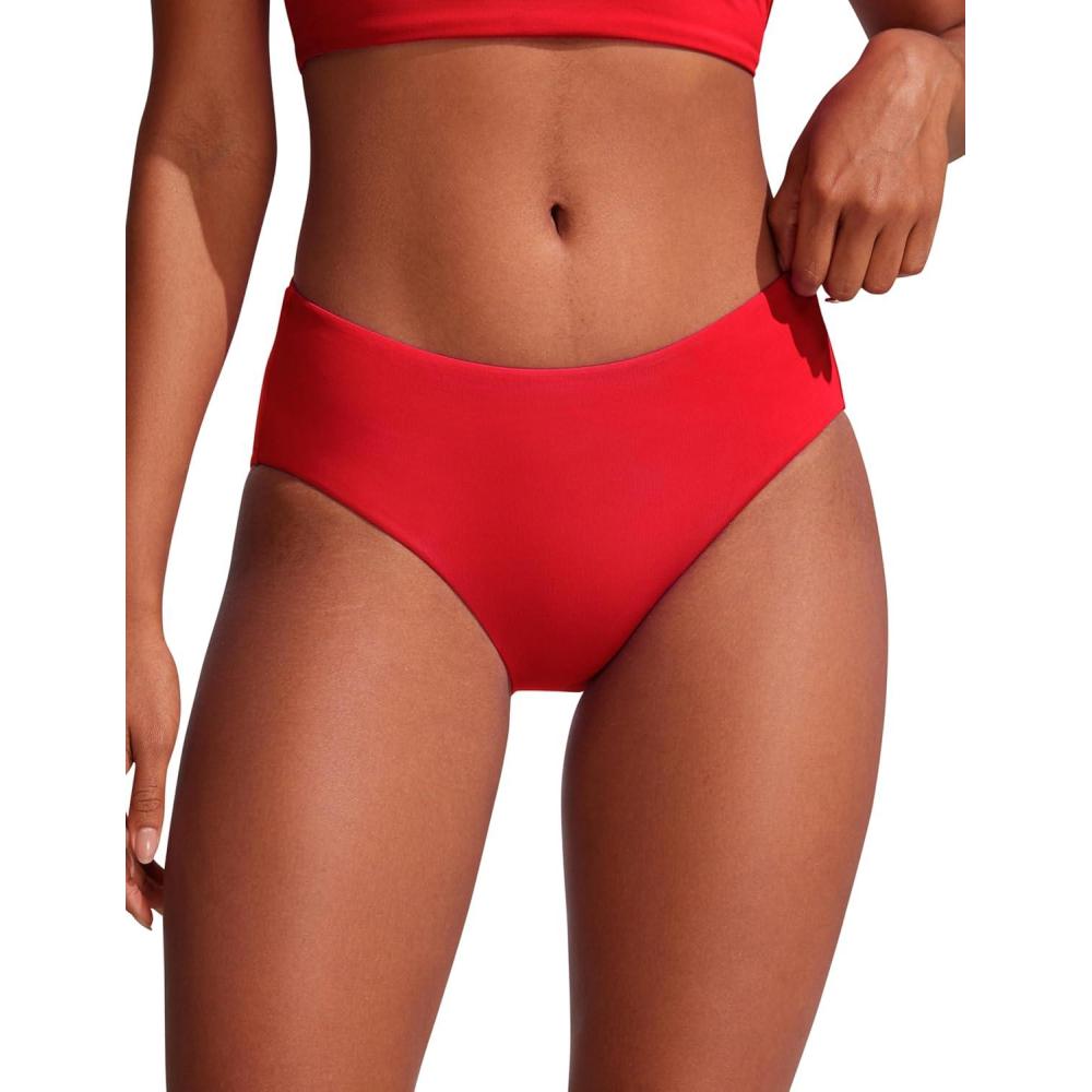 imageCRZ YOGA Mid Waisted Bikini Bottoms for Women Full Coverage Bathing Suit Swimsuit Basic Swim BriefsDeep Red