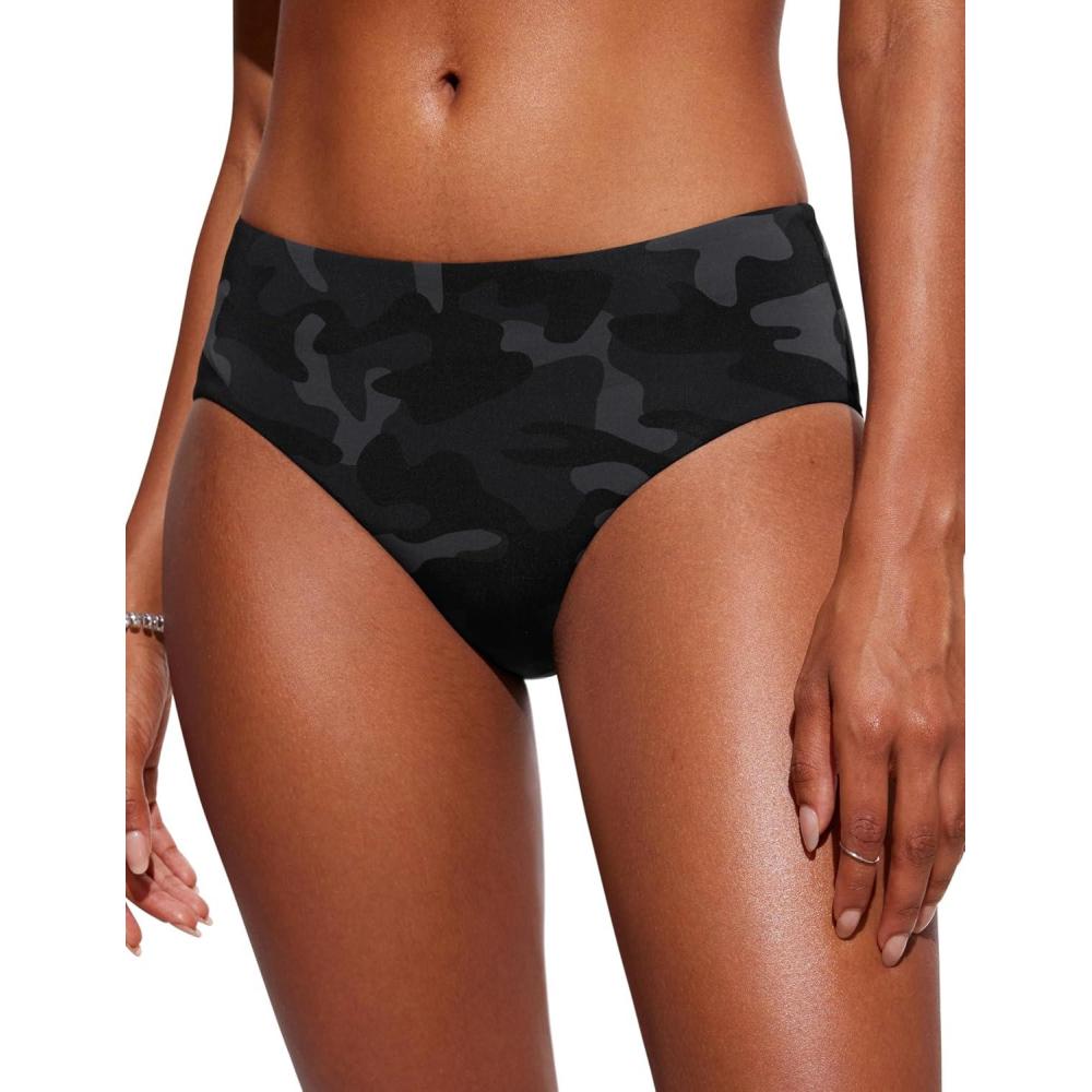imageCRZ YOGA Mid Waisted Bikini Bottoms for Women Full Coverage Bathing Suit Swimsuit Basic Swim BriefsJungle Camouflage Gray