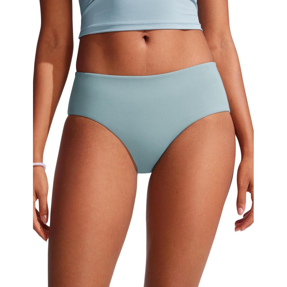 imageCRZ YOGA Mid Waisted Bikini Bottoms for Women Full Coverage Bathing Suit Swimsuit Basic Swim BriefsLight Grayish Blue