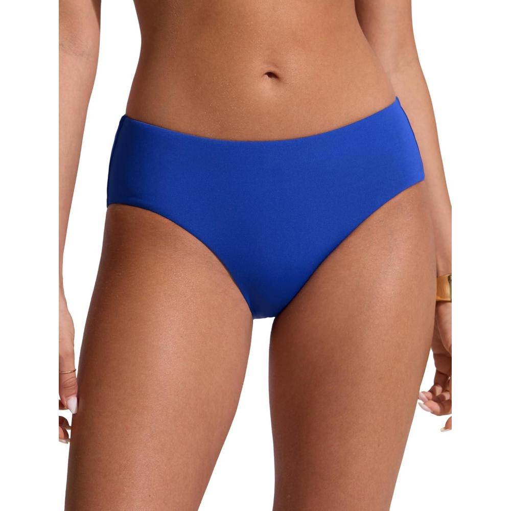 imageCRZ YOGA Mid Waisted Bikini Bottoms for Women Full Coverage Bathing Suit Swimsuit Basic Swim BriefsWaves Blue