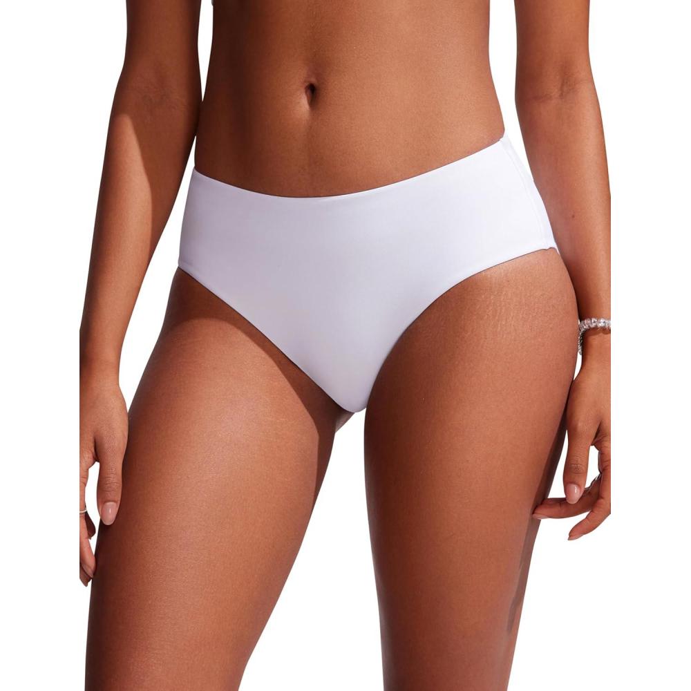 imageCRZ YOGA Mid Waisted Bikini Bottoms for Women Full Coverage Bathing Suit Swimsuit Basic Swim BriefsWhite