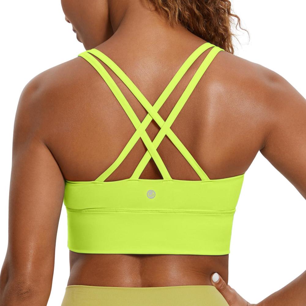 imageCRZ YOGA Naked Feeling Strappy Longline Sports Bras for Women  Medium Impact Criss Cross Yoga Padded Workout Crop TopChartreuse