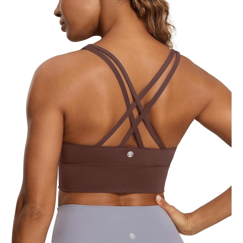 imageCRZ YOGA Naked Feeling Strappy Longline Sports Bras for Women  Medium Impact Criss Cross Yoga Padded Workout Crop TopTaupe