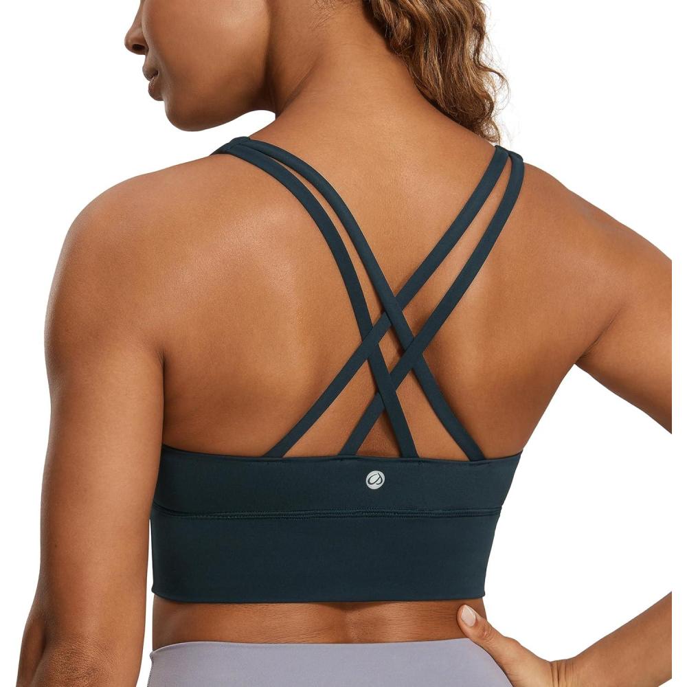 imageCRZ YOGA Naked Feeling Strappy Longline Sports Bras for Women  Medium Impact Criss Cross Yoga Padded Workout Crop TopTrue Navy