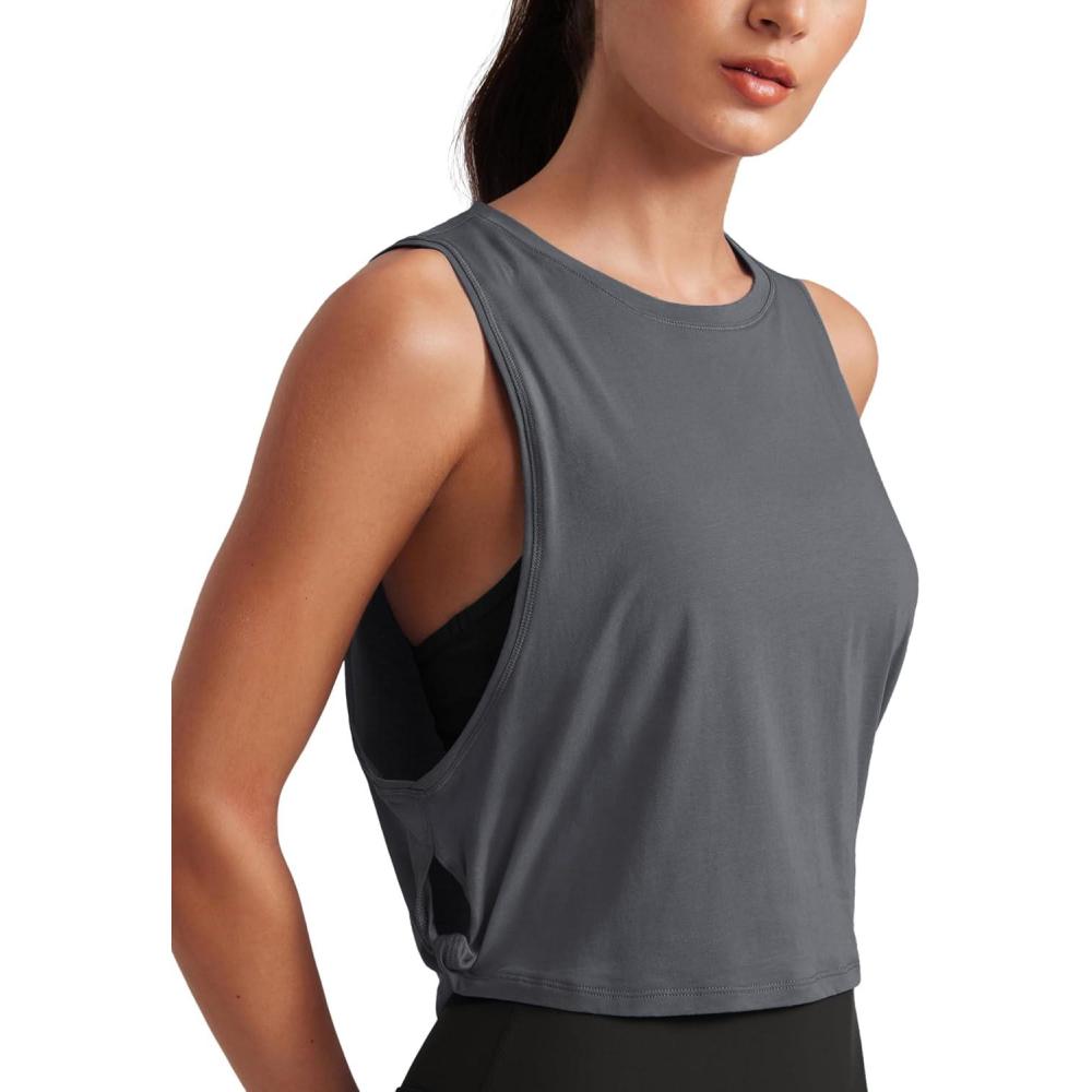 imageCRZ YOGA Pima Cotton Large Armhole Tank Tops for Women Workout Sport Athletic Yoga Running Gym Loose Crop Sleeveless ShirtsDark Carbon