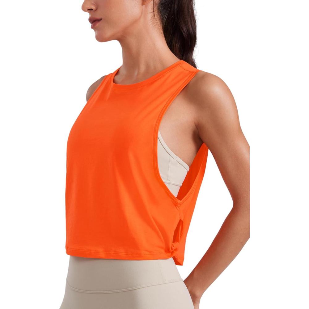 imageCRZ YOGA Pima Cotton Large Armhole Tank Tops for Women Workout Sport Athletic Yoga Running Gym Loose Crop Sleeveless ShirtsDeep Armholecoral