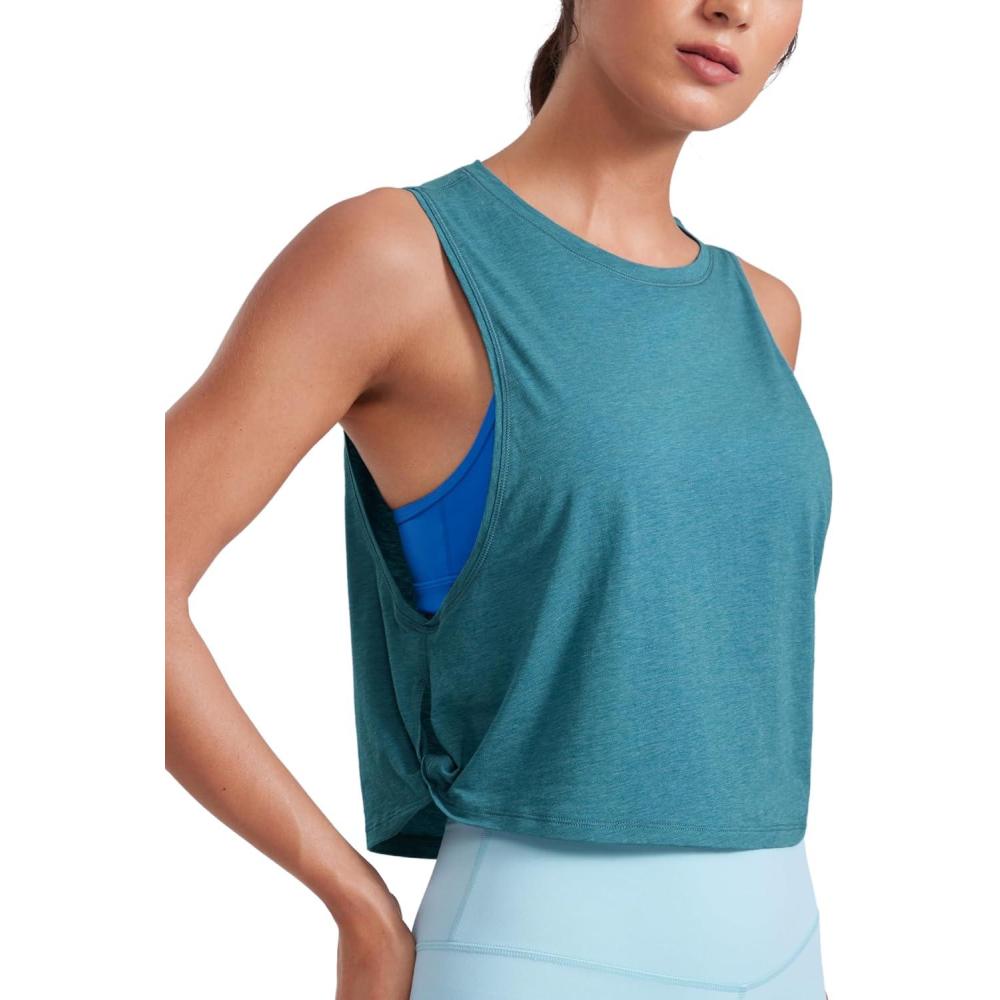 imageCRZ YOGA Pima Cotton Large Armhole Tank Tops for Women Workout Sport Athletic Yoga Running Gym Loose Crop Sleeveless ShirtsDeep Armholekingfisher Heather