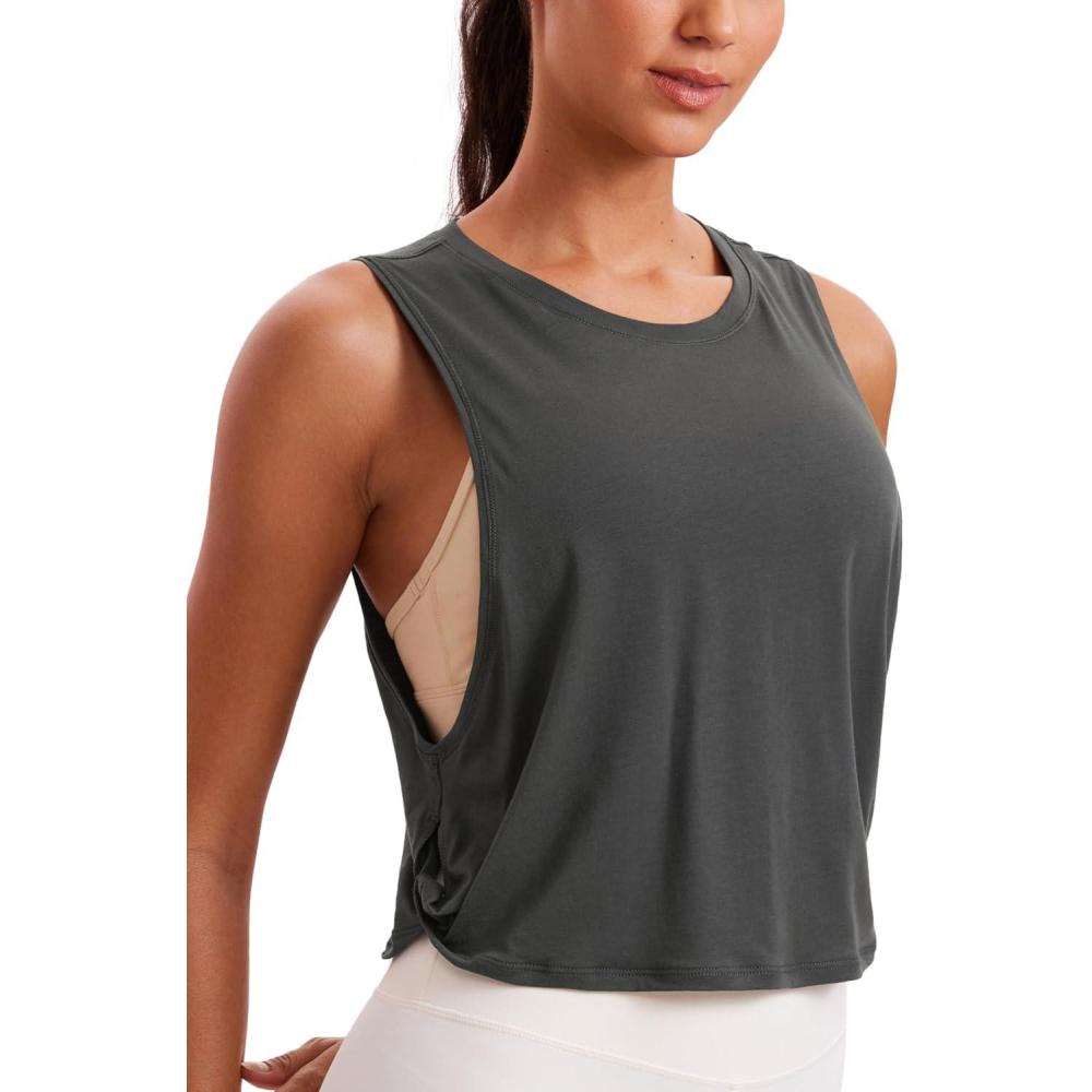 imageCRZ YOGA Pima Cotton Large Armhole Tank Tops for Women Workout Sport Athletic Yoga Running Gym Loose Crop Sleeveless ShirtsGrey Olive