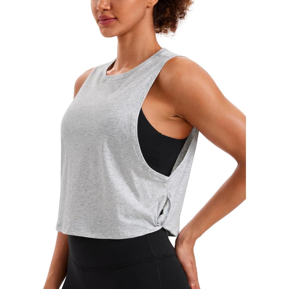 imageCRZ YOGA Pima Cotton Large Armhole Tank Tops for Women Workout Sport Athletic Yoga Running Gym Loose Crop Sleeveless ShirtsLight Grey Heather