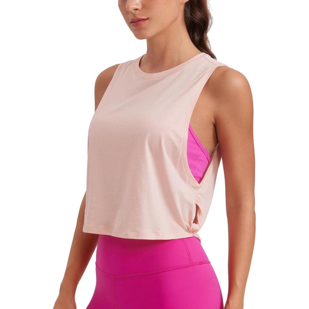 imageCRZ YOGA Pima Cotton Large Armhole Tank Tops for Women Workout Sport Athletic Yoga Running Gym Loose Crop Sleeveless ShirtsMarshmallow Pink