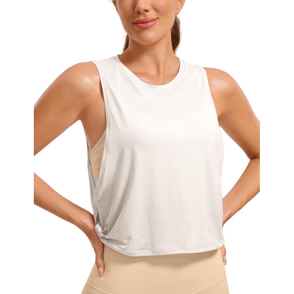 imageCRZ YOGA Pima Cotton Large Armhole Tank Tops for Women Workout Sport Athletic Yoga Running Gym Loose Crop Sleeveless ShirtsMilky White Bone