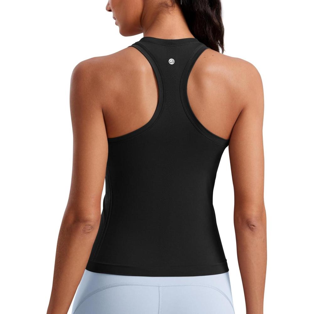 imageCRZ YOGA Seamless Crewneck Tank Tops for Women Workout Athletic Running Gym Sleeveless Shirts Racerback Breathable TeeBlack