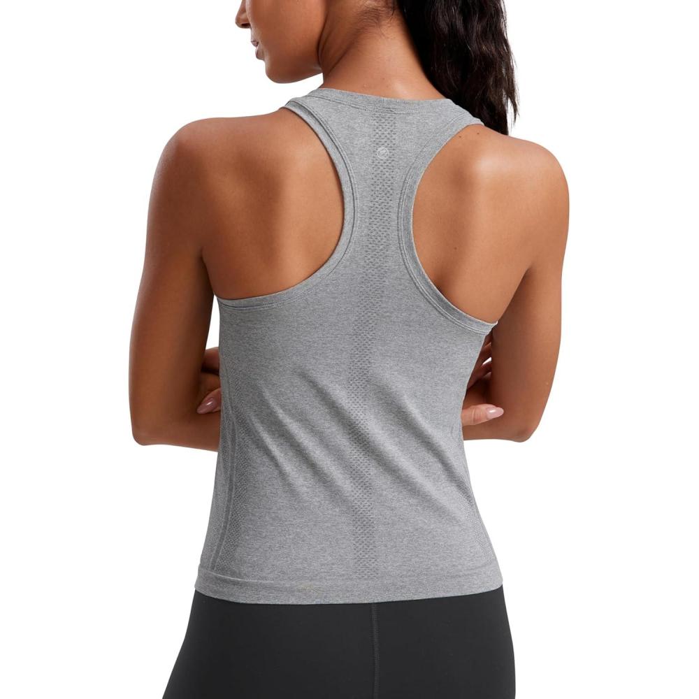 imageCRZ YOGA Seamless Crewneck Tank Tops for Women Workout Athletic Running Gym Sleeveless Shirts Racerback Breathable TeeSlate Grey Marl