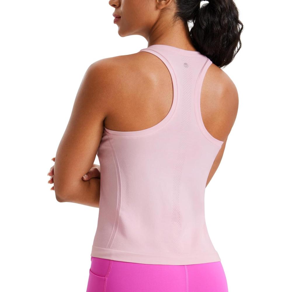 imageCRZ YOGA Seamless Crewneck Tank Tops for Women Workout Athletic Running Gym Sleeveless Shirts Racerback Breathable TeeStrawberry Pink