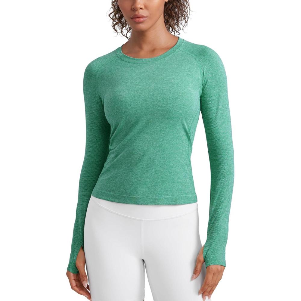 imageCRZ YOGA Seamless Long Sleeve Shirts for Women Waist Workout Athletic Running Gym Yoga Tops Crewneck Breathable Quick DryCascadia Green Heather
