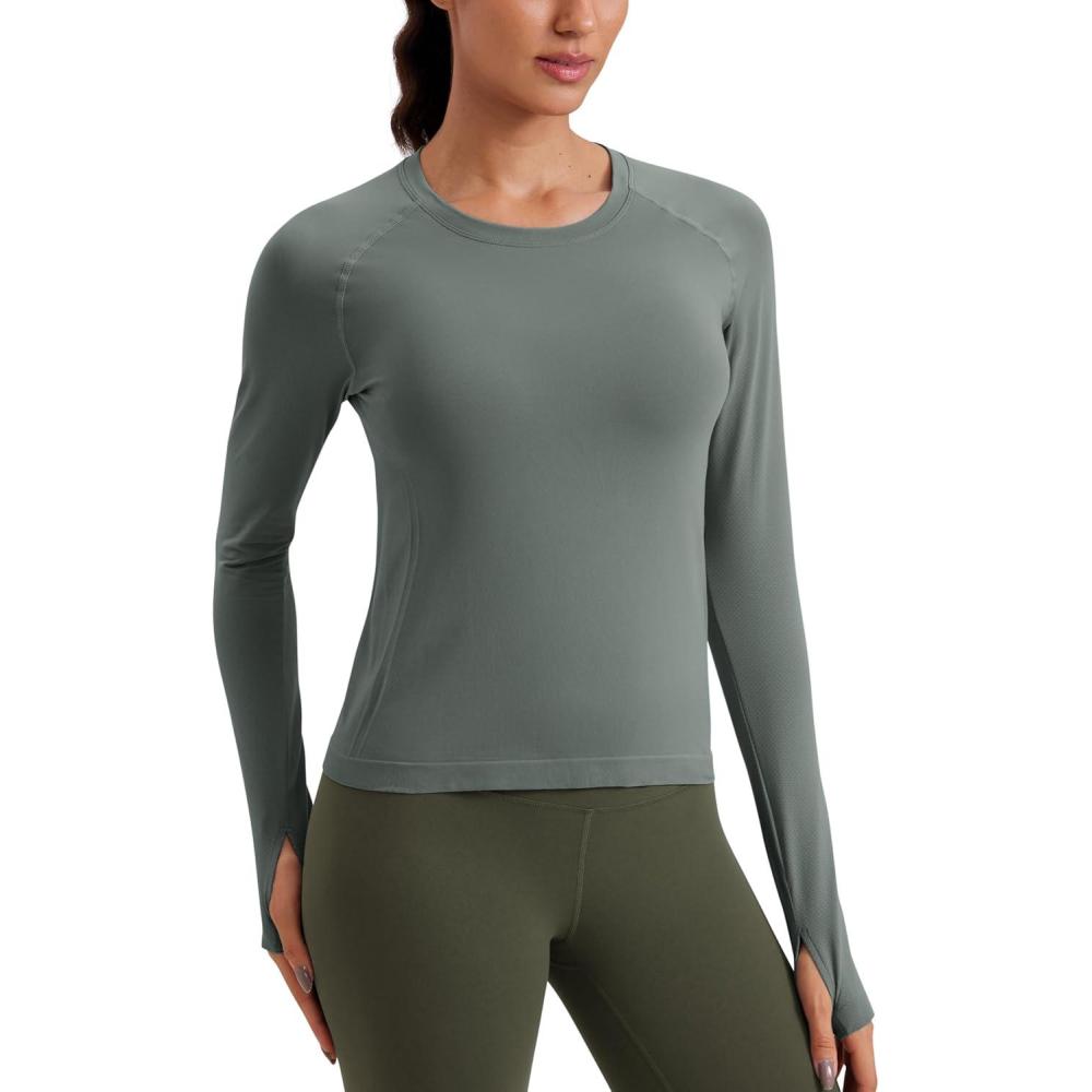 imageCRZ YOGA Seamless Long Sleeve Shirts for Women Waist Workout Athletic Running Gym Yoga Tops Crewneck Breathable Quick DryGrey Sage