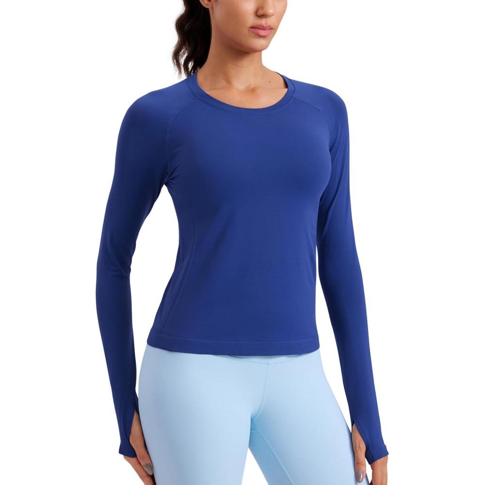 imageCRZ YOGA Seamless Long Sleeve Shirts for Women Waist Workout Athletic Running Gym Yoga Tops Crewneck Breathable Quick DryLarkspur Blue