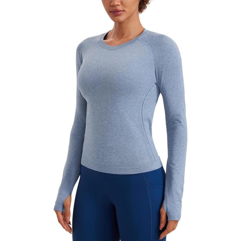 imageCRZ YOGA Seamless Long Sleeve Shirts for Women Waist Workout Athletic Running Gym Yoga Tops Crewneck Breathable Quick DryOasis Blue Heather