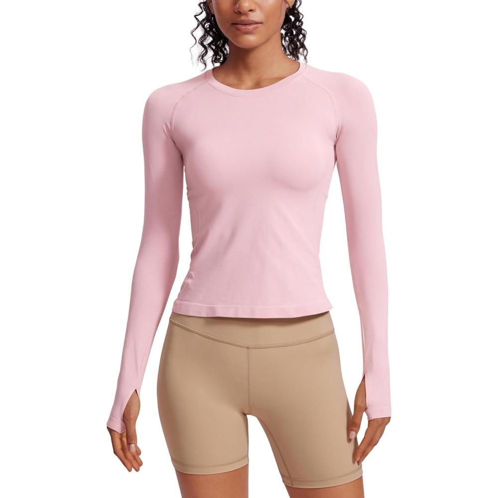imageCRZ YOGA Seamless Long Sleeve Shirts for Women Waist Workout Athletic Running Gym Yoga Tops Crewneck Breathable Quick DryRose Blush