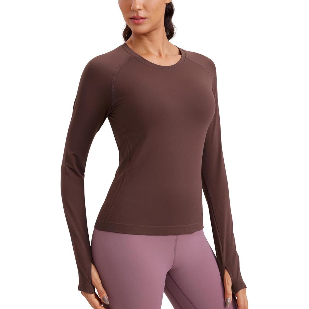 imageCRZ YOGA Seamless Long Sleeve Shirts for Women Waist Workout Athletic Running Gym Yoga Tops Crewneck Breathable Quick DryTaupe