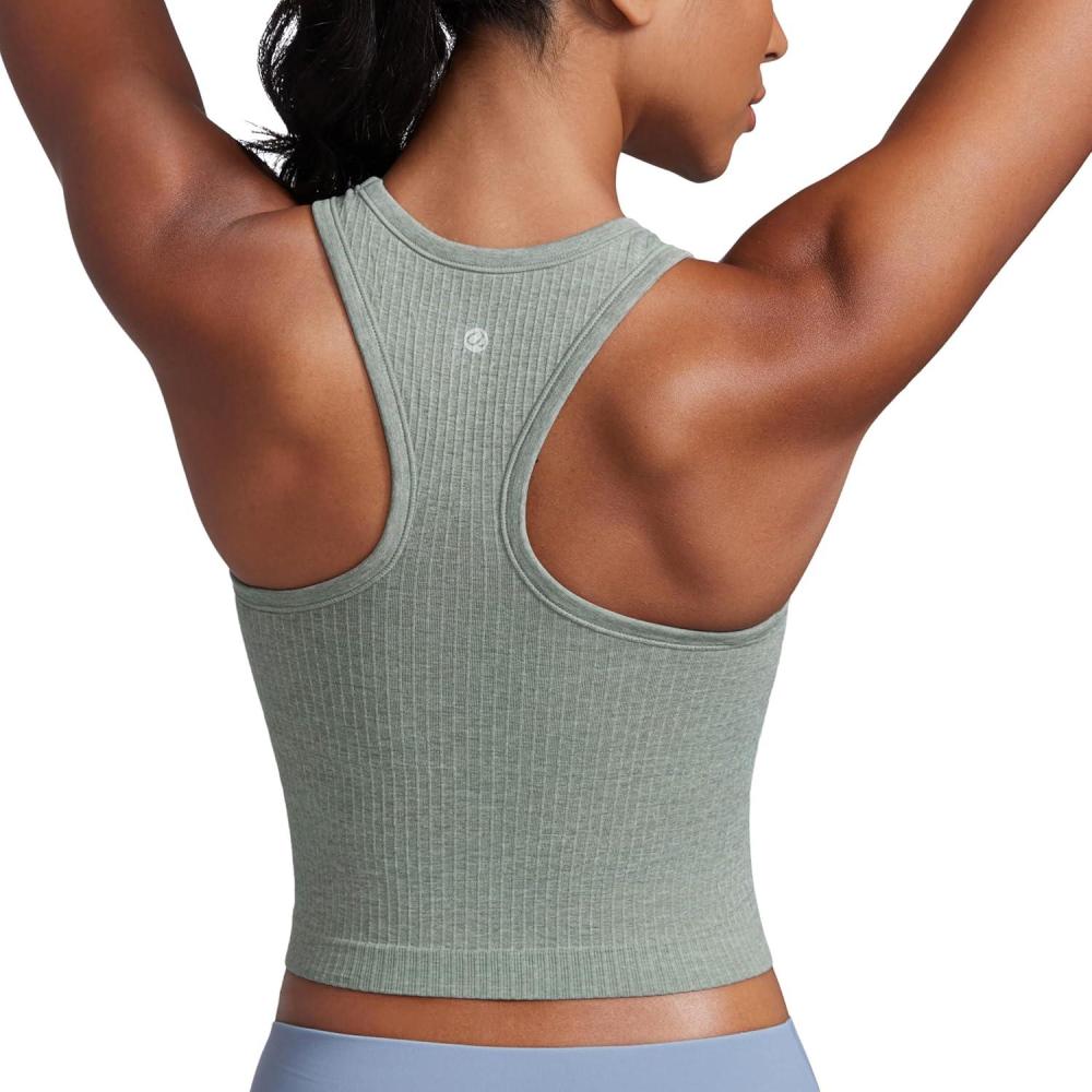 imageCRZ YOGA Seamless Ribbed High Neck Crop Tank Tops for Women  Longline Racerback Padded Sports BrasDark Green Heather