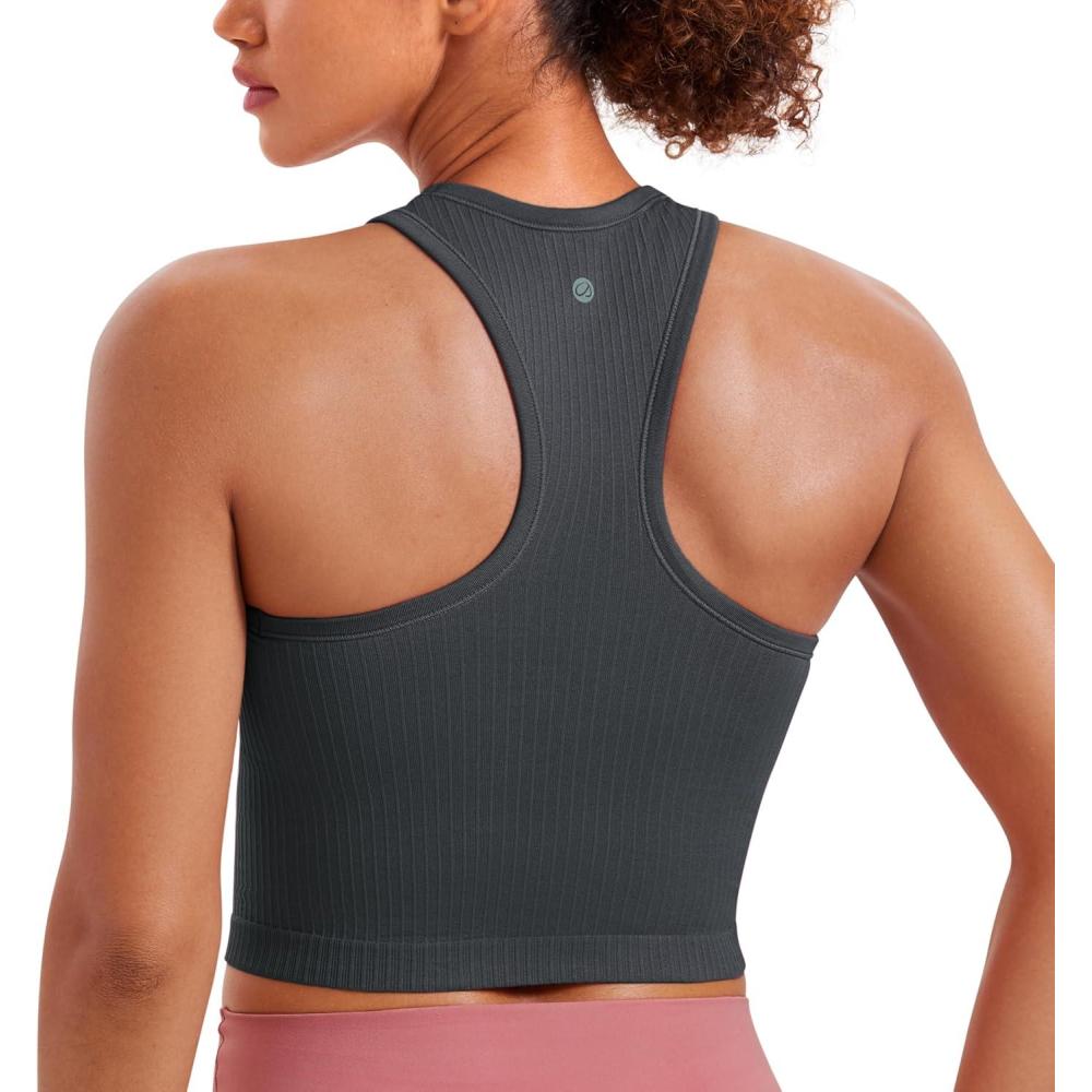 imageCRZ YOGA Seamless Ribbed High Neck Crop Tank Tops for Women  Longline Racerback Padded Sports BrasMysterious Grey