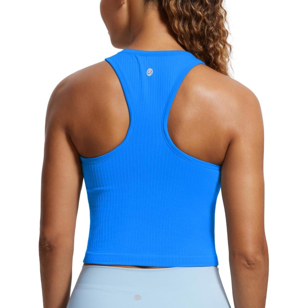 imageCRZ YOGA Seamless Ribbed High Neck Crop Tank Tops for Women  Longline Racerback Padded Sports BrasSparkle Blue