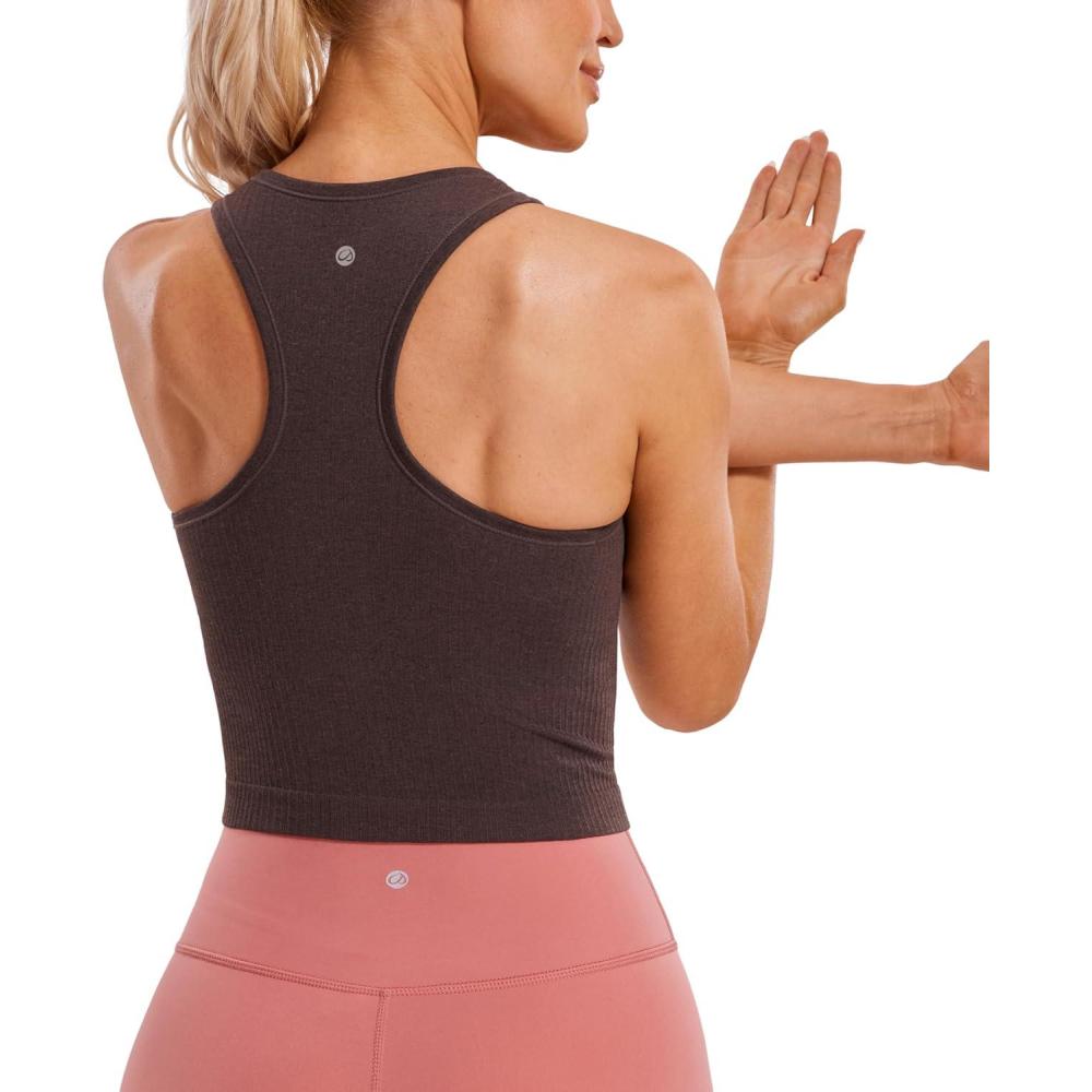 imageCRZ YOGA Seamless Ribbed High Neck Crop Tank Tops for Women  Longline Racerback Padded Sports BrasTaupe