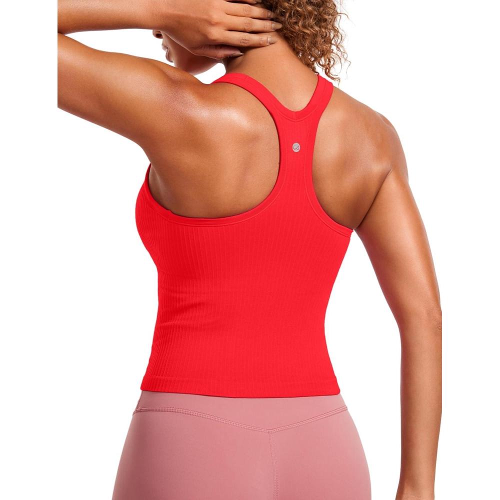 imageCRZ YOGA Seamless Ribbed Scoop Neck Tank Top for Women  Workout Racerback Padded Athletic Camisole with Built in BraDeep Red