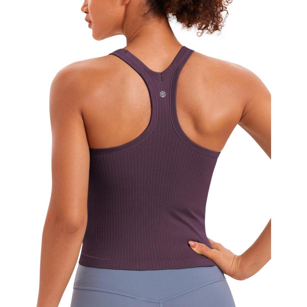 imageCRZ YOGA Seamless Ribbed Scoop Neck Tank Top for Women  Workout Racerback Padded Athletic Camisole with Built in BraGrape Thistle Purple