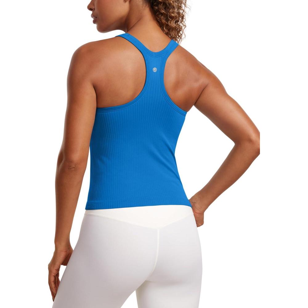 imageCRZ YOGA Seamless Ribbed Scoop Neck Tank Top for Women  Workout Racerback Padded Athletic Camisole with Built in BraSparkle Blue