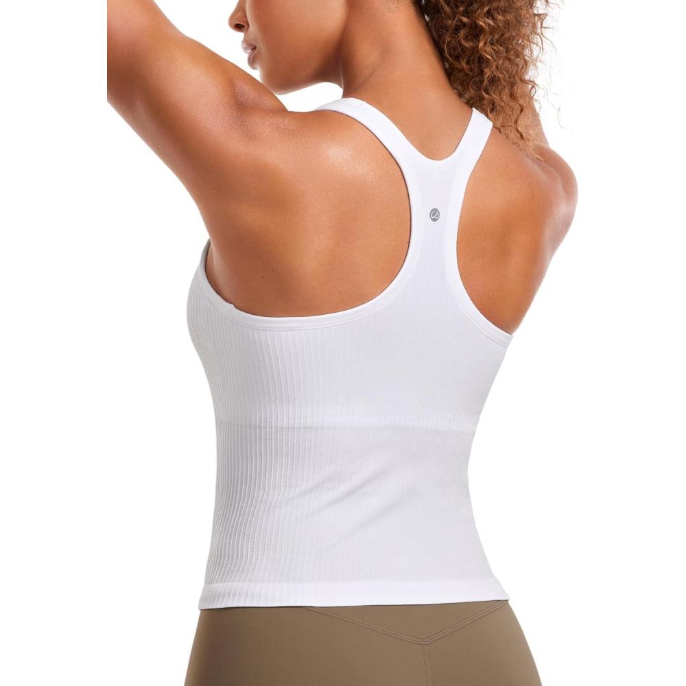 imageCRZ YOGA Seamless Ribbed Scoop Neck Tank Top for Women  Workout Racerback Padded Athletic Camisole with Built in BraWhite