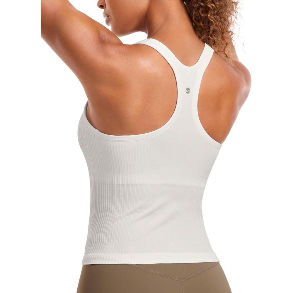 imageCRZ YOGA Seamless Ribbed Scoop Neck Tank Top for Women  Workout Racerback Padded Athletic Camisole with Built in BraWhite Apricot