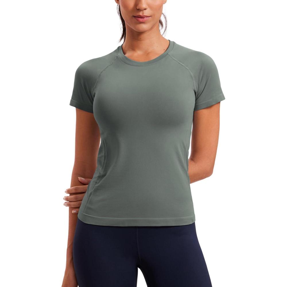 imageCRZ YOGA Seamless Workout Tops for Women Hip Length  Athletic Running Gym Yoga Short Sleeve Shirts Breathable Crewneck TeesGrey Sage