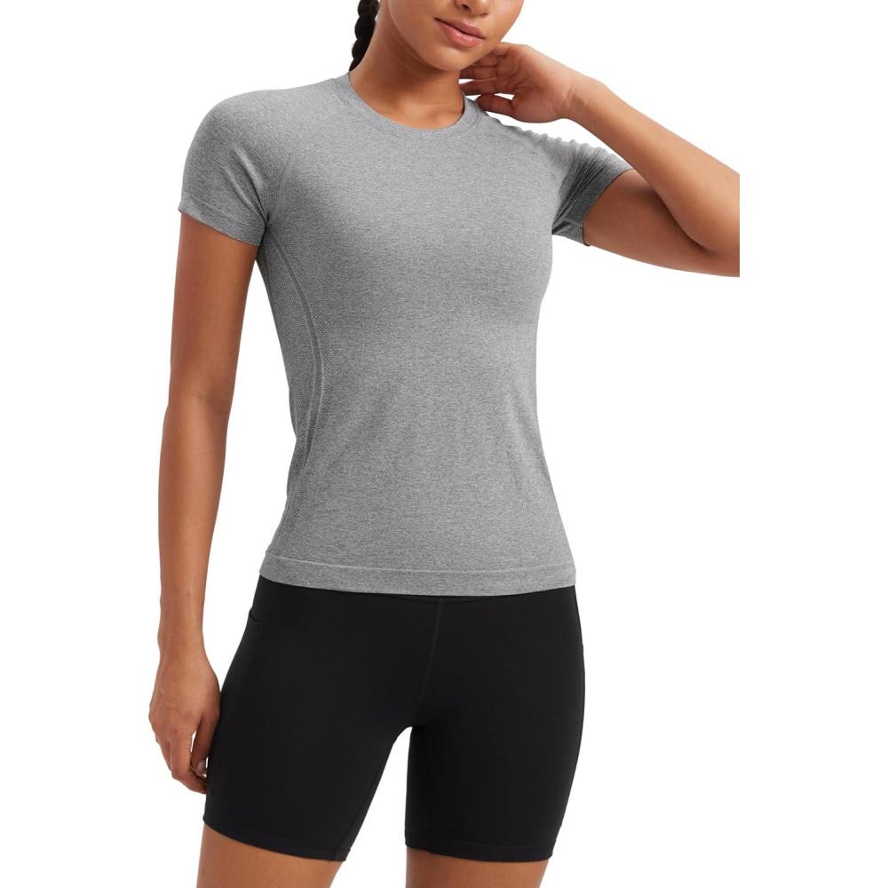 imageCRZ YOGA Seamless Workout Tops for Women Hip Length  Athletic Running Gym Yoga Short Sleeve Shirts Breathable Crewneck TeesSlate Grey Marl