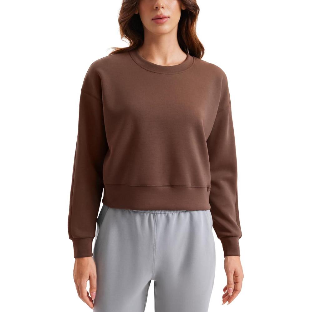 imageCRZ YOGA SoftAura Pullover Sweatshirt for Women Crewneck Workout Casual Basic Fall Sweat ShirtsCoffee Brown