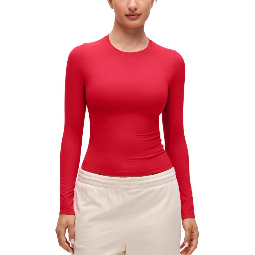 imageCRZ YOGA Softembrace Crewneck Long Sleeve Shirts for Women Casual Going Out Tops Soft Basic Fitted Tight Fall TShirtsAurora Red