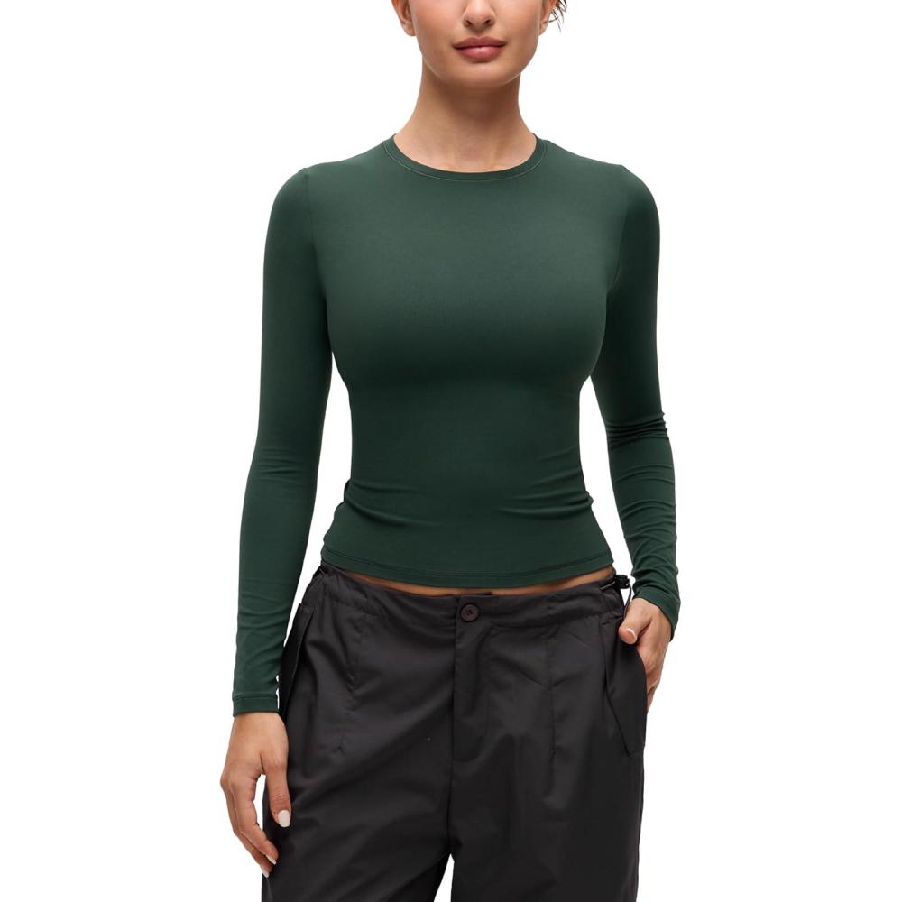 imageCRZ YOGA Softembrace Crewneck Long Sleeve Shirts for Women  Casual Going Out Tops Soft Basic Fitted Tight Fall TShirtsLegend Green