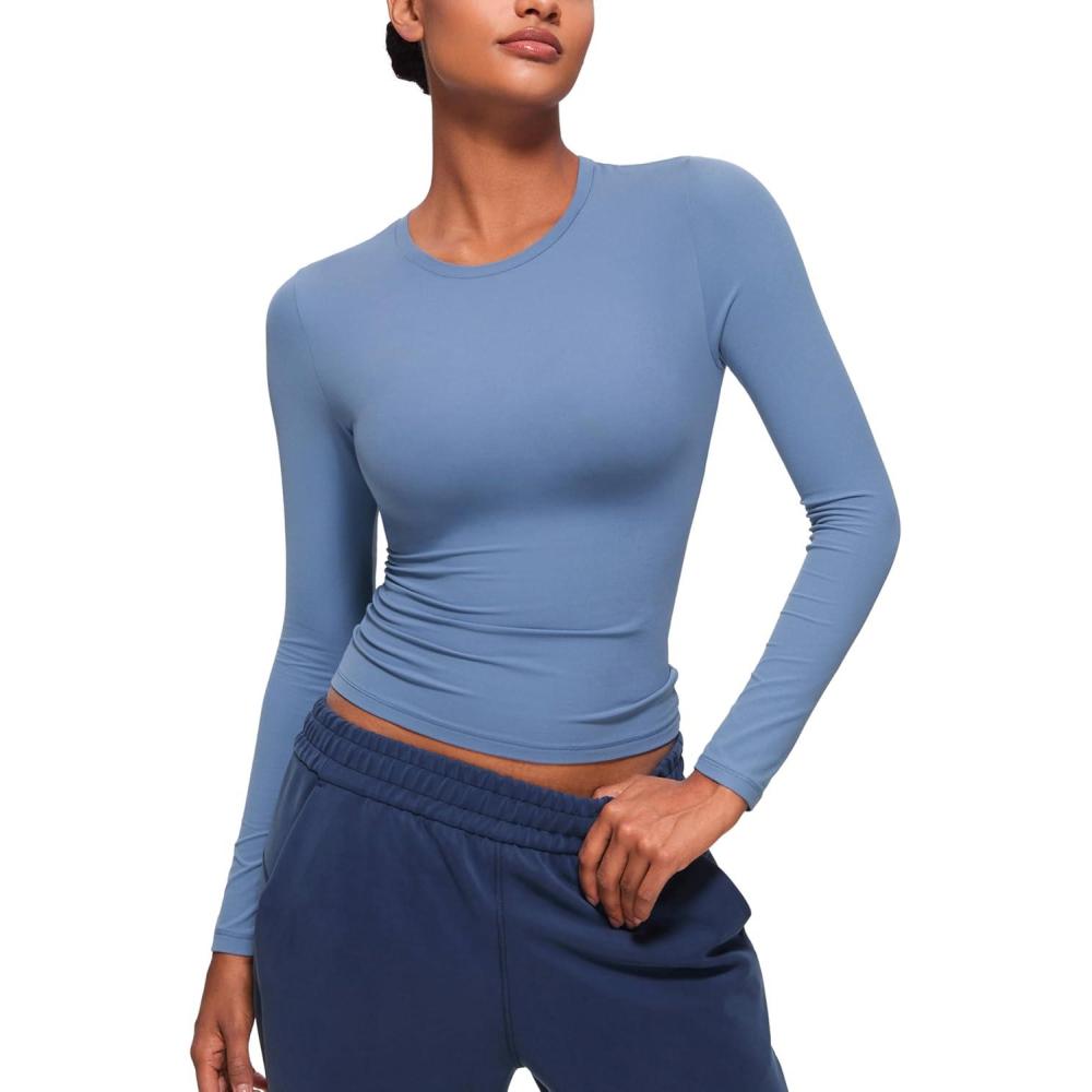 imageCRZ YOGA Softembrace Crewneck Long Sleeve Shirts for Women  Casual Going Out Tops Soft Basic Fitted Tight Fall TShirtsOasis Blue