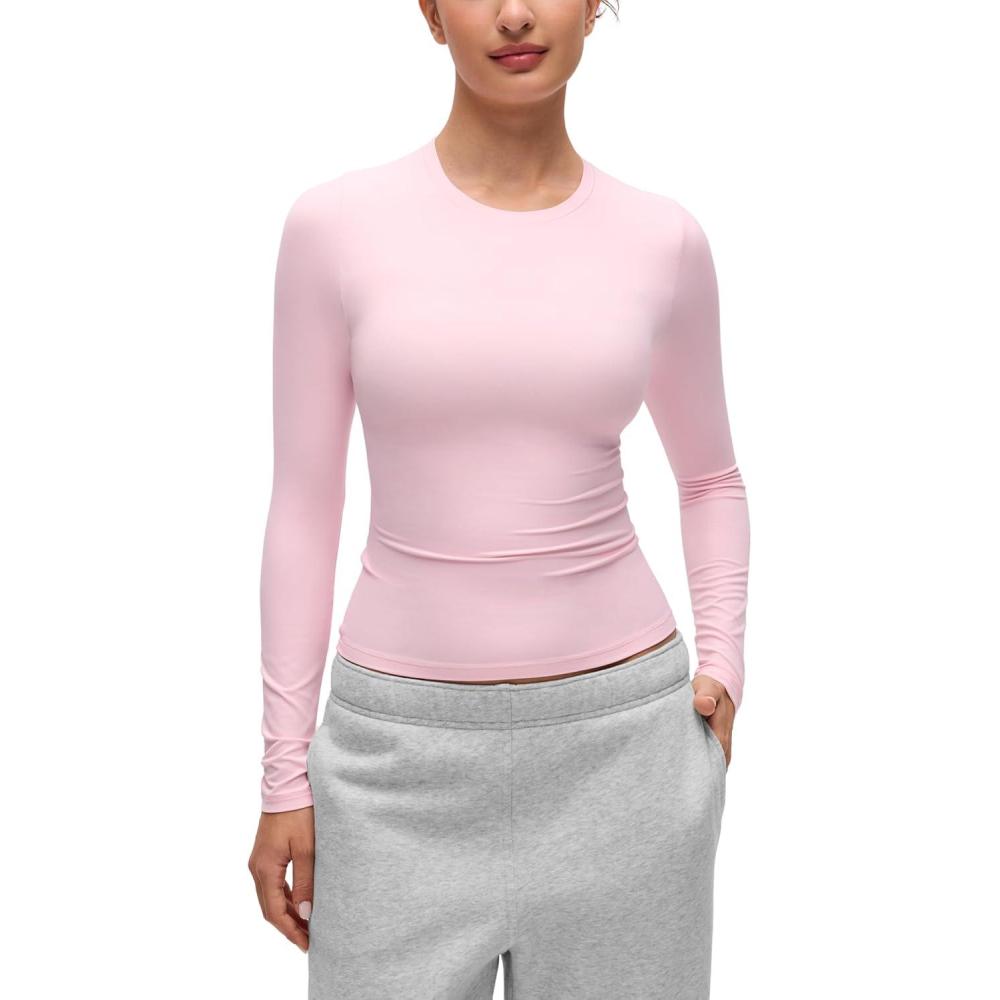 imageCRZ YOGA Softembrace Crewneck Long Sleeve Shirts for Women Casual Going Out Tops Soft Basic Fitted Tight Fall TShirtsStrawberry Pink