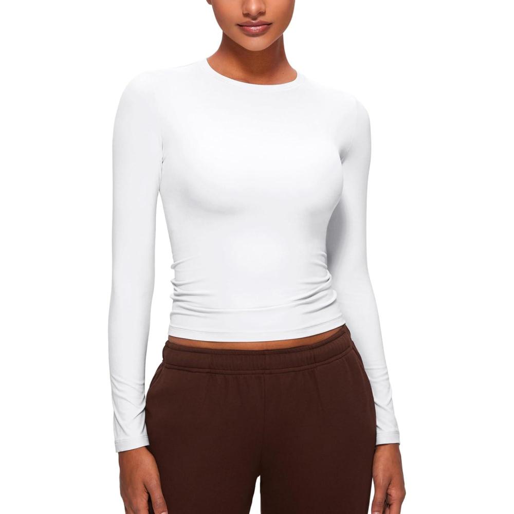imageCRZ YOGA Softembrace Crewneck Long Sleeve Shirts for Women  Casual Going Out Tops Soft Basic Fitted Tight Fall TShirtsWhite